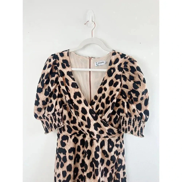 Minueto Cheetah Print Midi Dress Puff Sleeves Wrap Style Size M - Picture 3 of 10